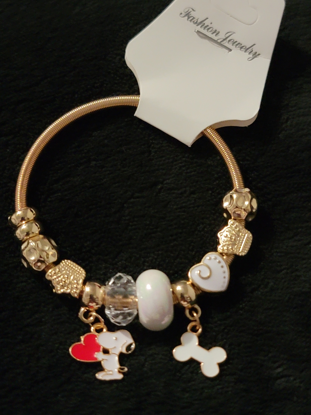 Gold Charm Bracelet with White & Red Enamel Accents
